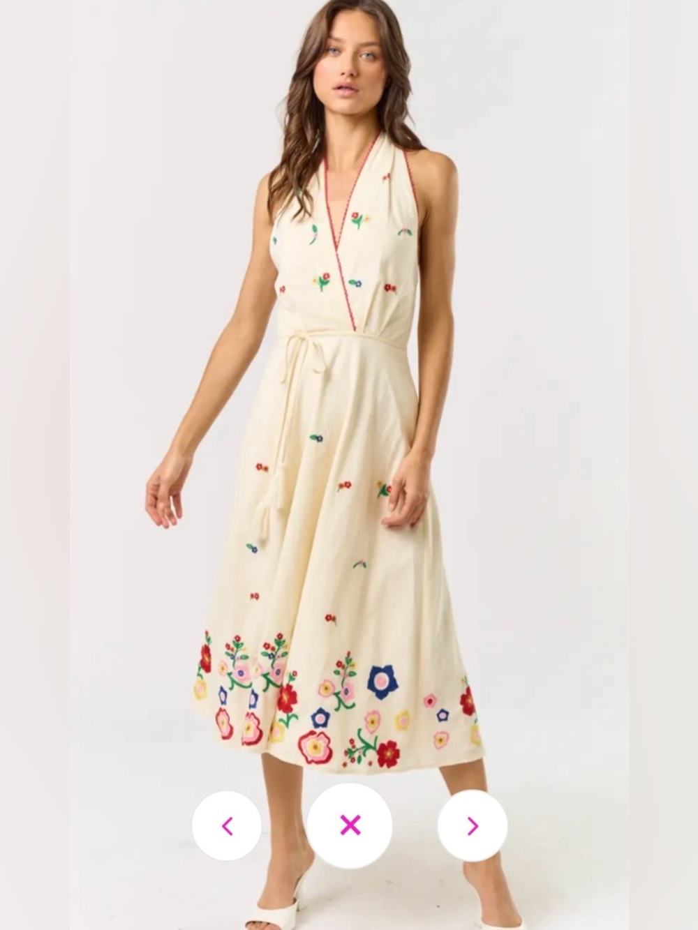 Lalavon HALTER NECK TIE EMBROIDERED MIDI DRESS Bohemian Cottage Core Sz Large